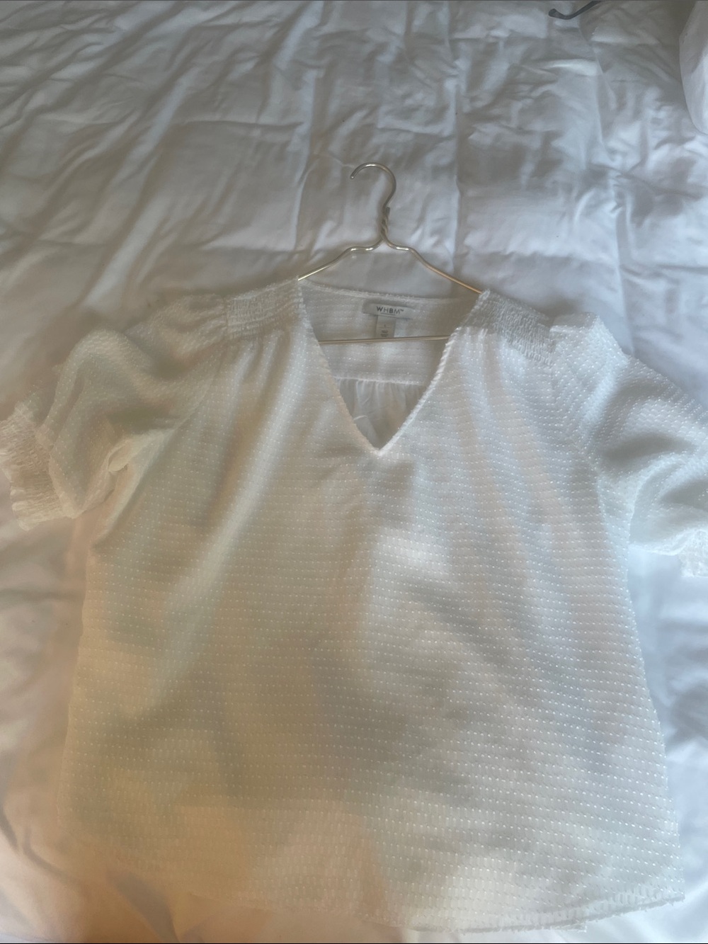 White House Black Market white textured V-neck flutter sleeve blouse